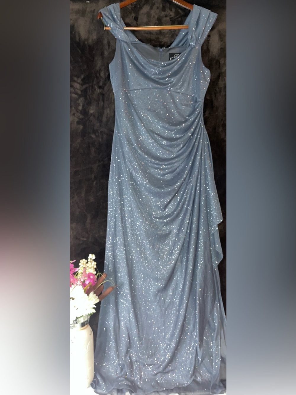 NWOT Alex Evenings Slate Blue Sparkle Draped Maxi Skirt Size-10